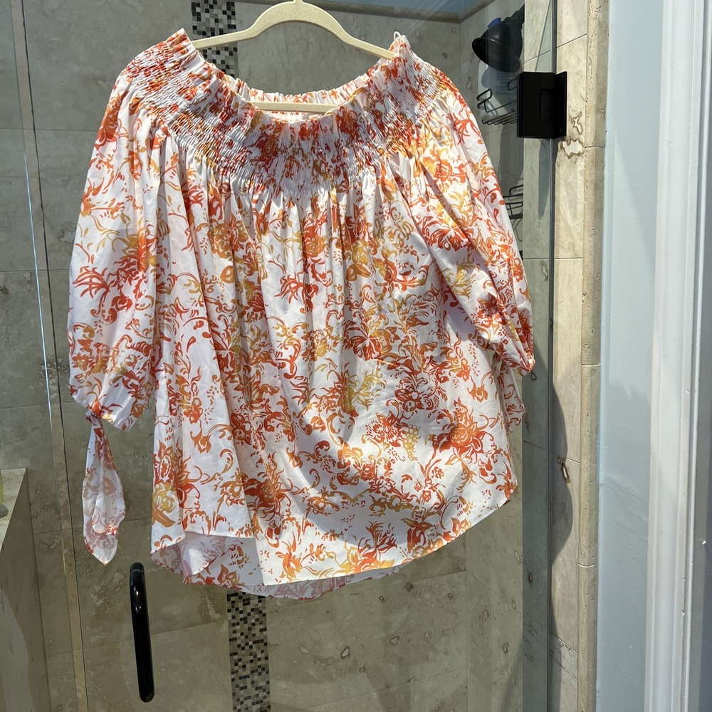 Caroline Constas Lou Off Shoulder Blouse White Orange Yellow Floral L